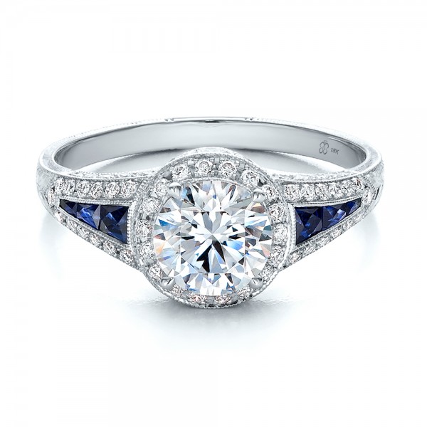 Diamond Halo and Blue Sapphire Engagement Ring